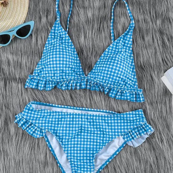 Sky Blue Plaid Ruffle Trim Triangle Bikini Set - Picture 12 of 15